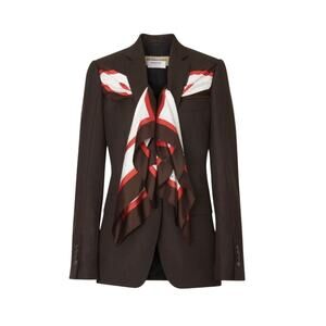 Burberry Runway Size 6 Wool Brown Blazer Jacket Silk Scarf Detail NWT $2,550